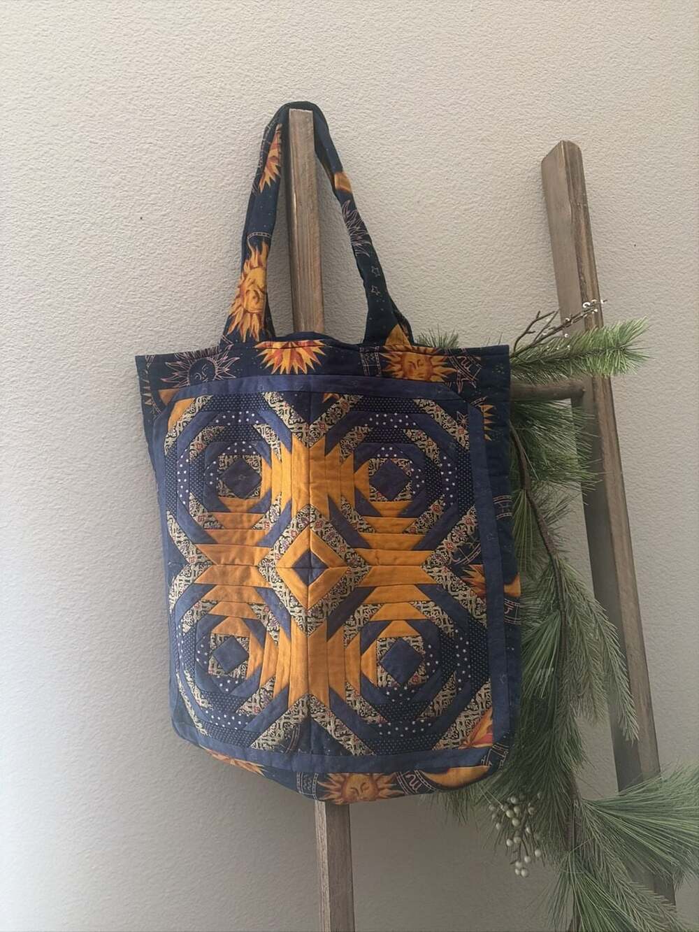 Handmade Quilted Tote Bag with Celestial Sun Pattern 15 x 14 inches